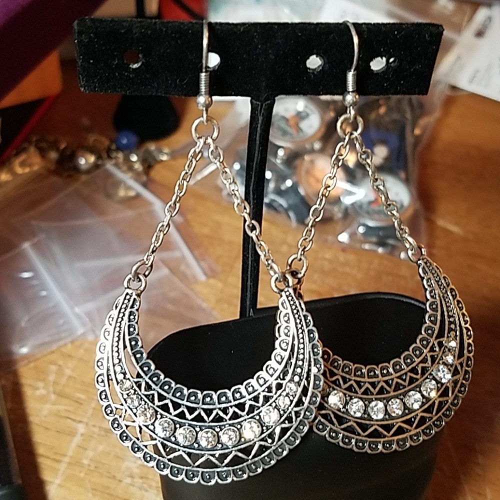 Silver Rhinestone & Chain Teardrop 1.5" Earrings